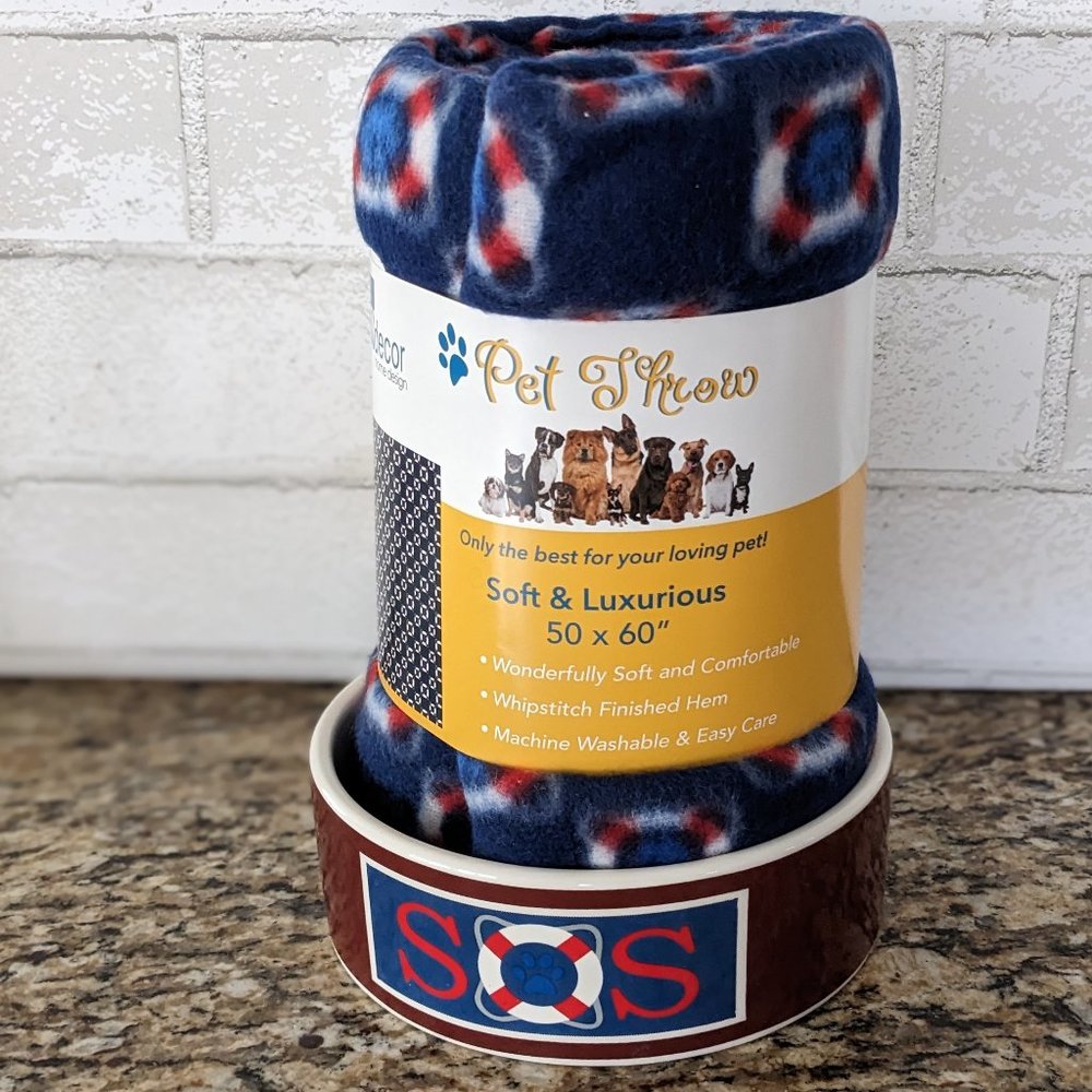 SOS Nautical Themed Dog-Cat Blanket & Ceramic Food-Water Bowl Set